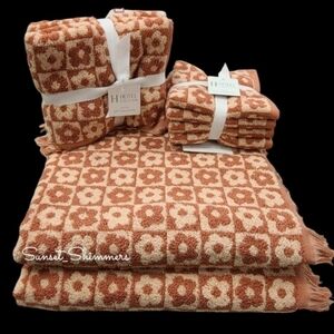 8pc Hotel Collection Spring Flowers Bath Hand Washcloth Towel Set Checkered New